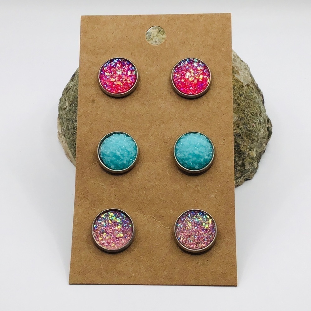 3 Pairs Earrings Handmade Resin Faux Druzy Gem Stainless Steel Pink Blue Anime